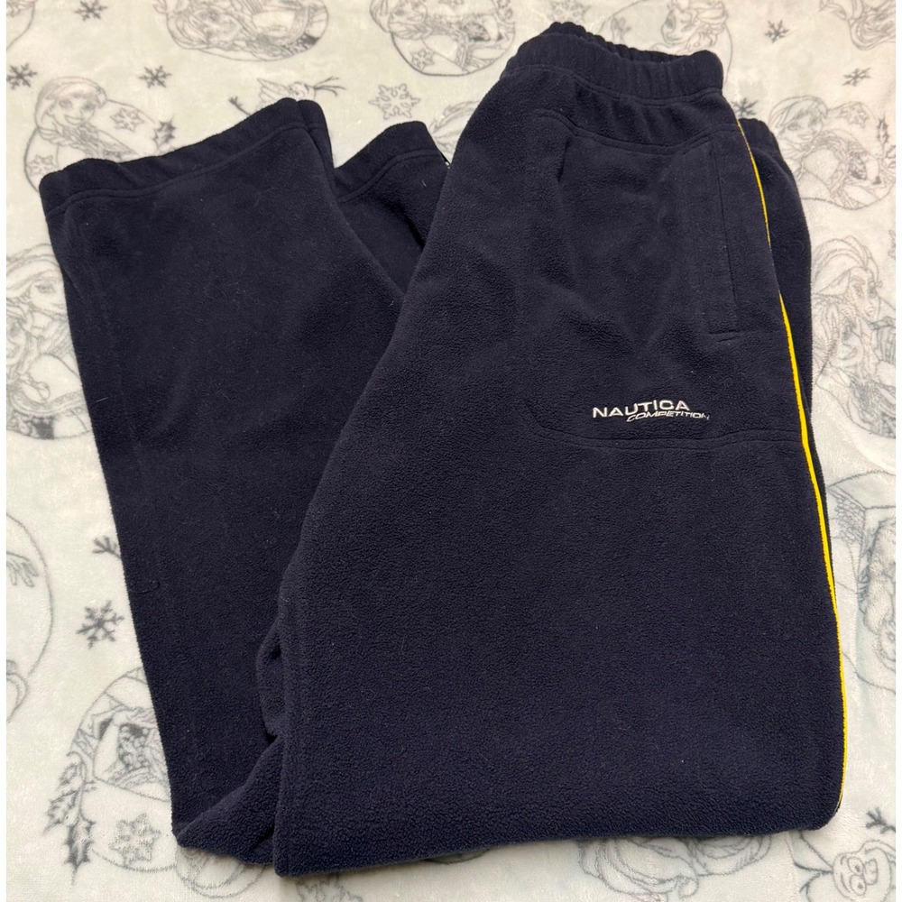 Nautica Competition Mens Fleece Pants Large Navy Blue Yellow Side Zip Joggers